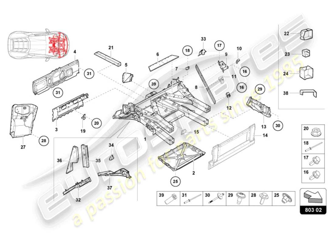 lamborghini evo spyder (2024) vorderrahmen teilediagramm