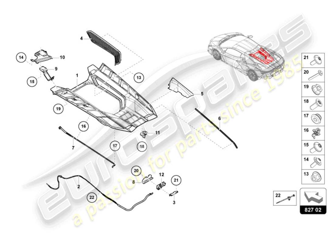 lamborghini revuelto coupe (2024) motorabdeckung mit inspektionsabdeckung ersatzteildiagramm