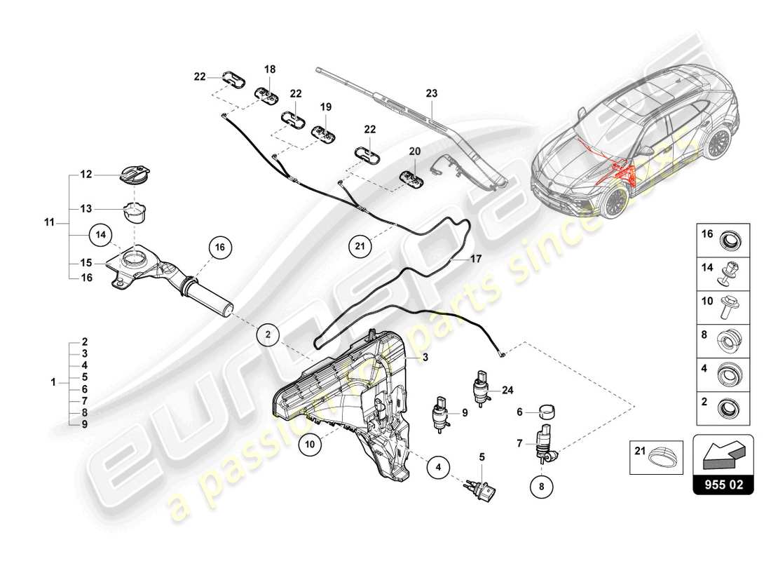 lamborghini urus (2020) scheibe teilediagramm