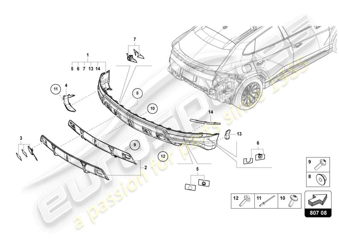 lamborghini urus performante (2024) stoßstange, komplett hinten, carbon ersatzteildiagramm