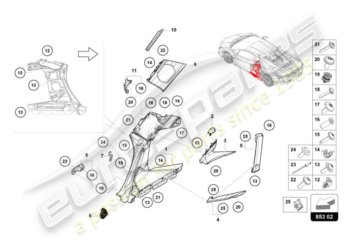 lamborghini revuelto coupe (2024) seitenträger teilediagramm