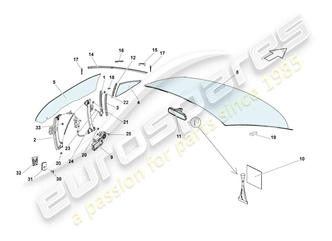 lamborghini lp550-2 spyder (2010) fenstergläser ersatzteildiagramm