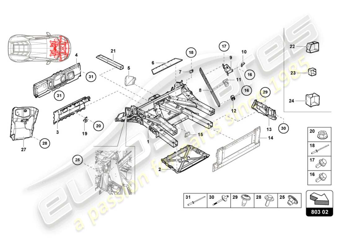 lamborghini evo coupe (2021) vorderrahmen teilediagramm