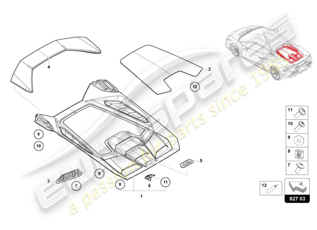 lamborghini tecnica (2024) motorabdeckung mit inspektionsabdeckung ersatzteildiagramm
