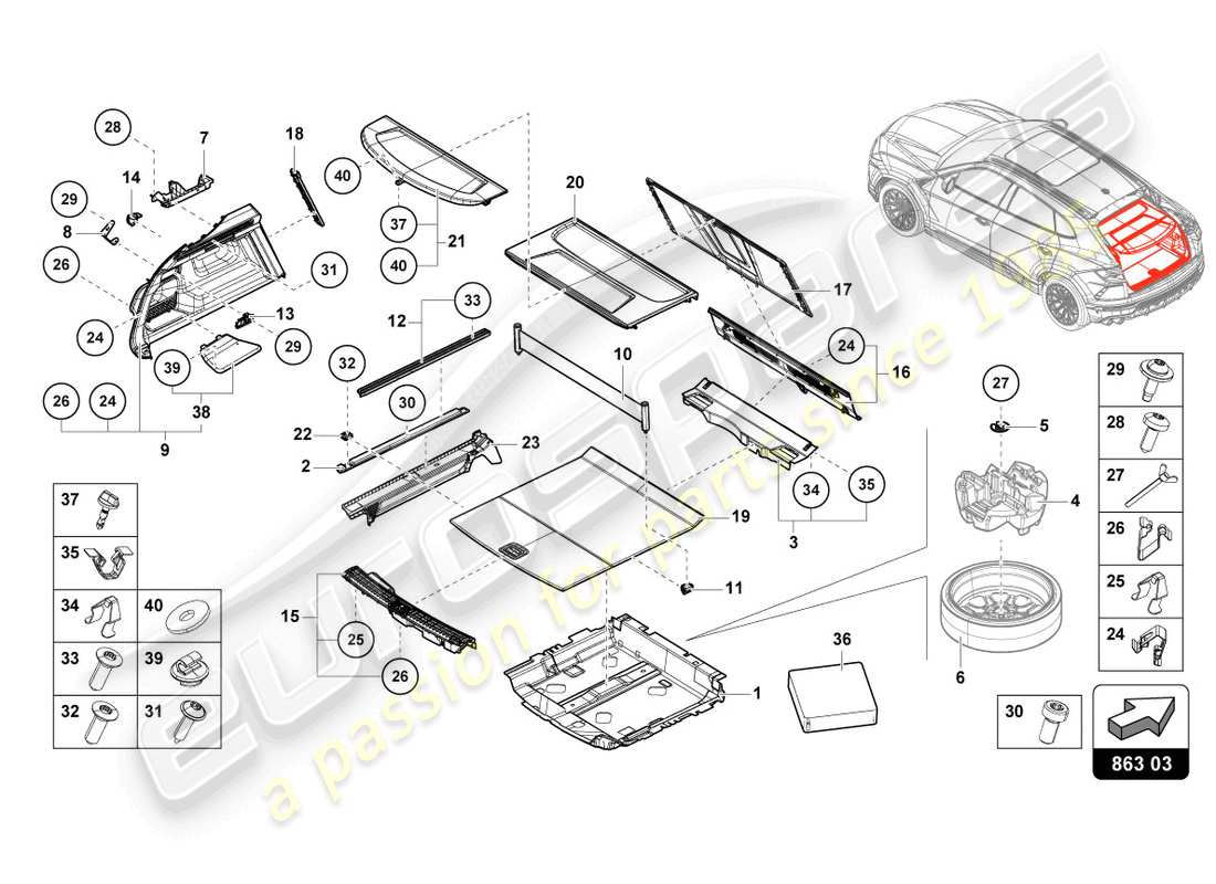 lamborghini urus (2020) gepäckraumverkleidung ersatzteildiagramm