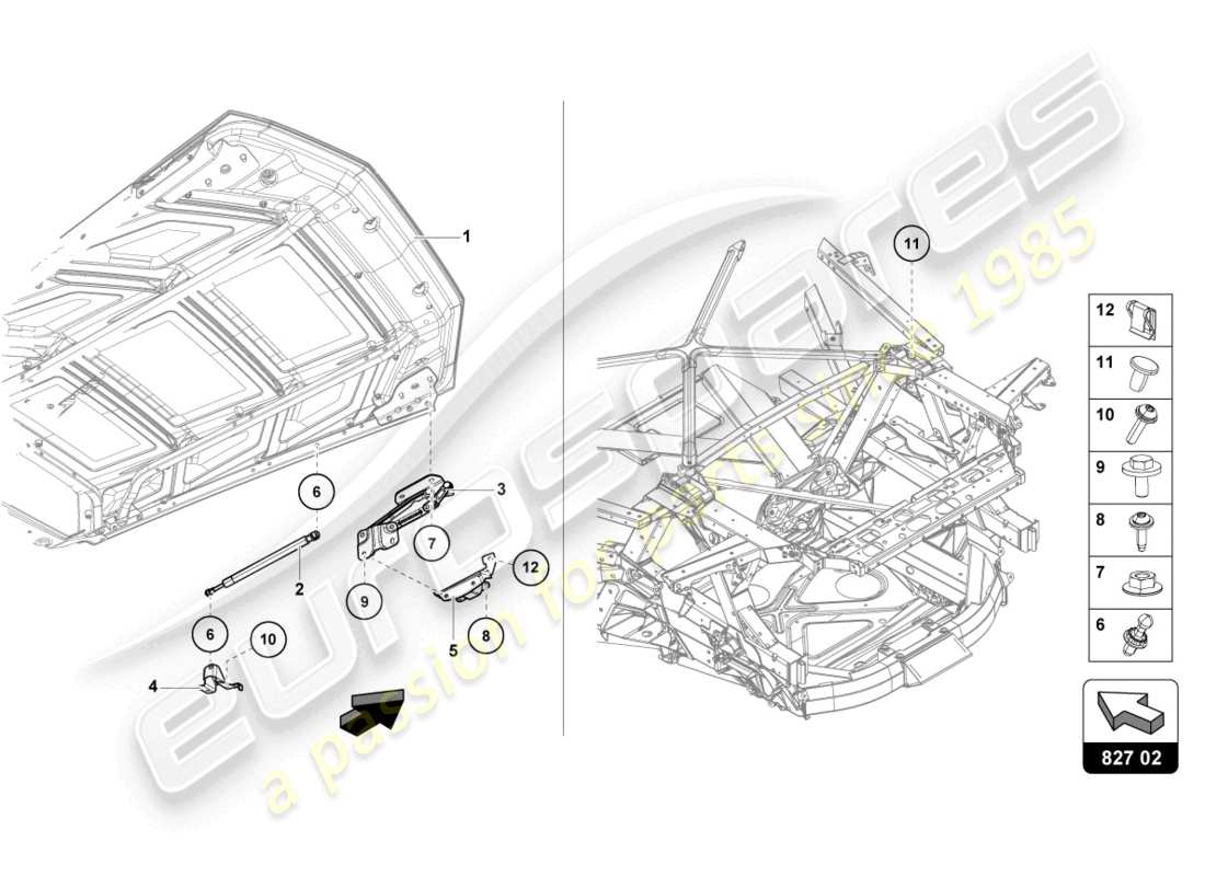lamborghini evo coupe 2wd (2023) motorabdeckung mit inspektionsabdeckung ersatzteildiagramm