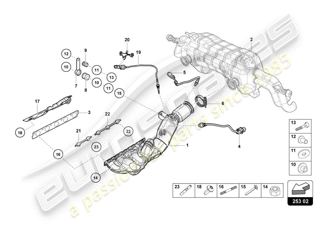lamborghini tecnica (2023) abgaskrümmer teilediagramm