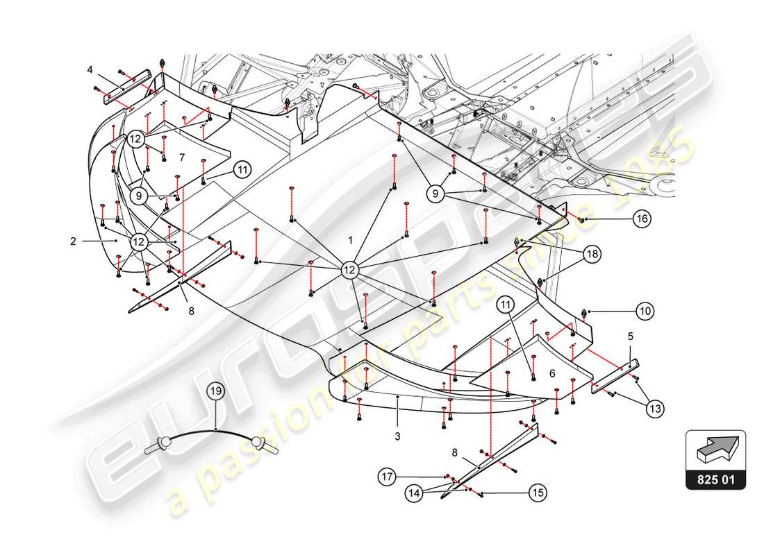 lamborghini super trofeo evo 2 (2022) teilediagramm für rahmenbodenplatten