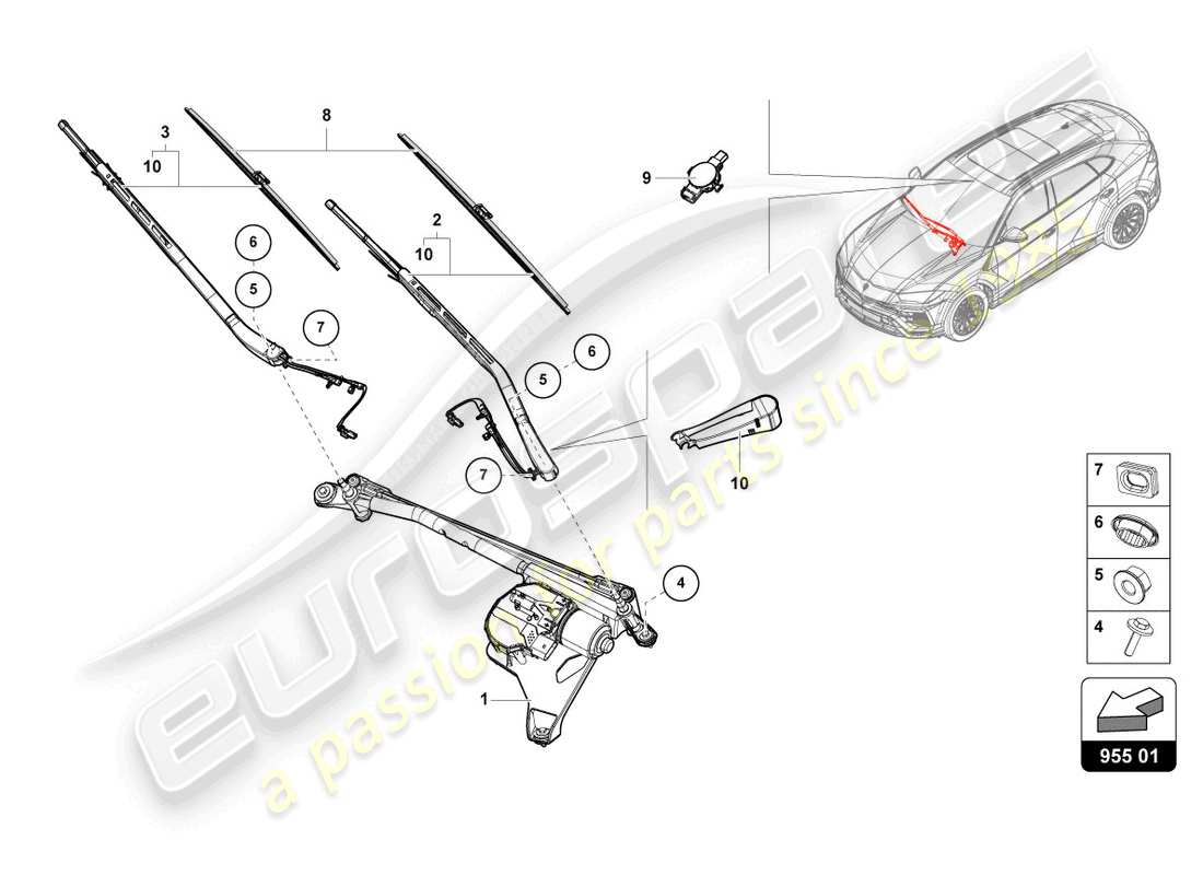 lamborghini urus (2019) scheibenwischer-ersatzteildiagramm