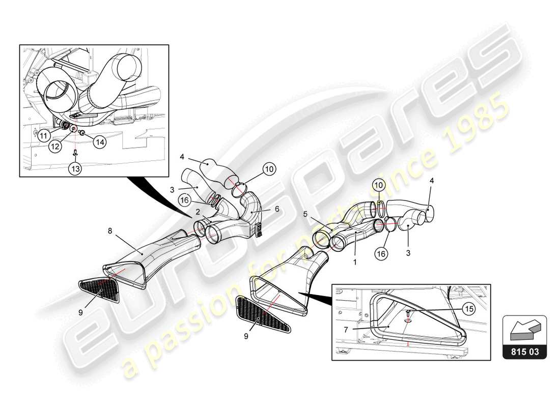 lamborghini super trofeo evo 2 (2022) vordere bremsscheibe und bremssattelkühlung teilediagramm