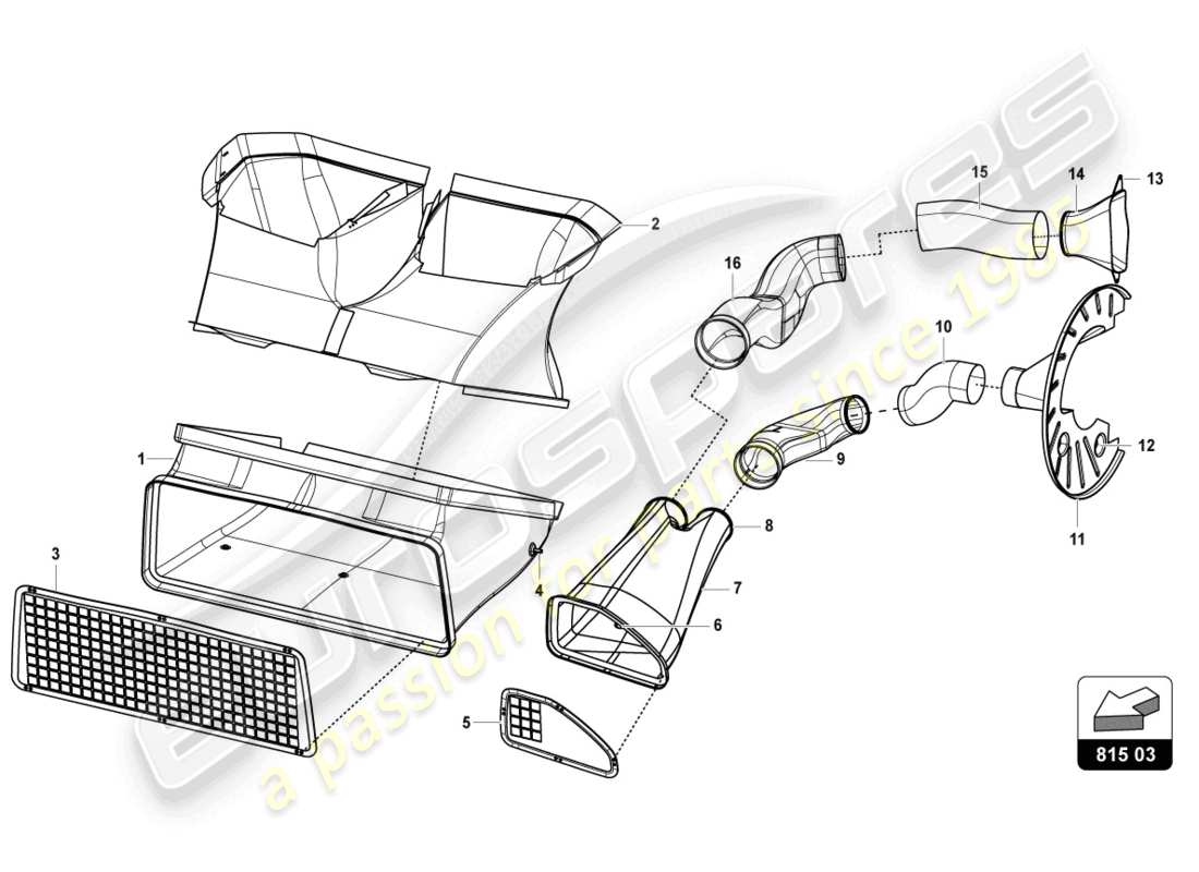 lamborghini super trofeo evo (2018) vordere bremsscheibe und bremssattelkühlung teilediagramm