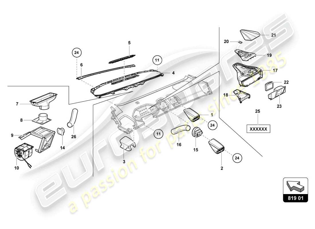 lamborghini super trofeo evo 2 (2022) teilediagramm für die luftleitung am armaturenbrett
