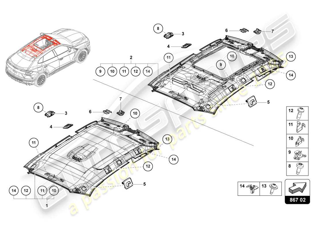 lamborghini urus performante (2023) dachverkleidung - teilediagramm