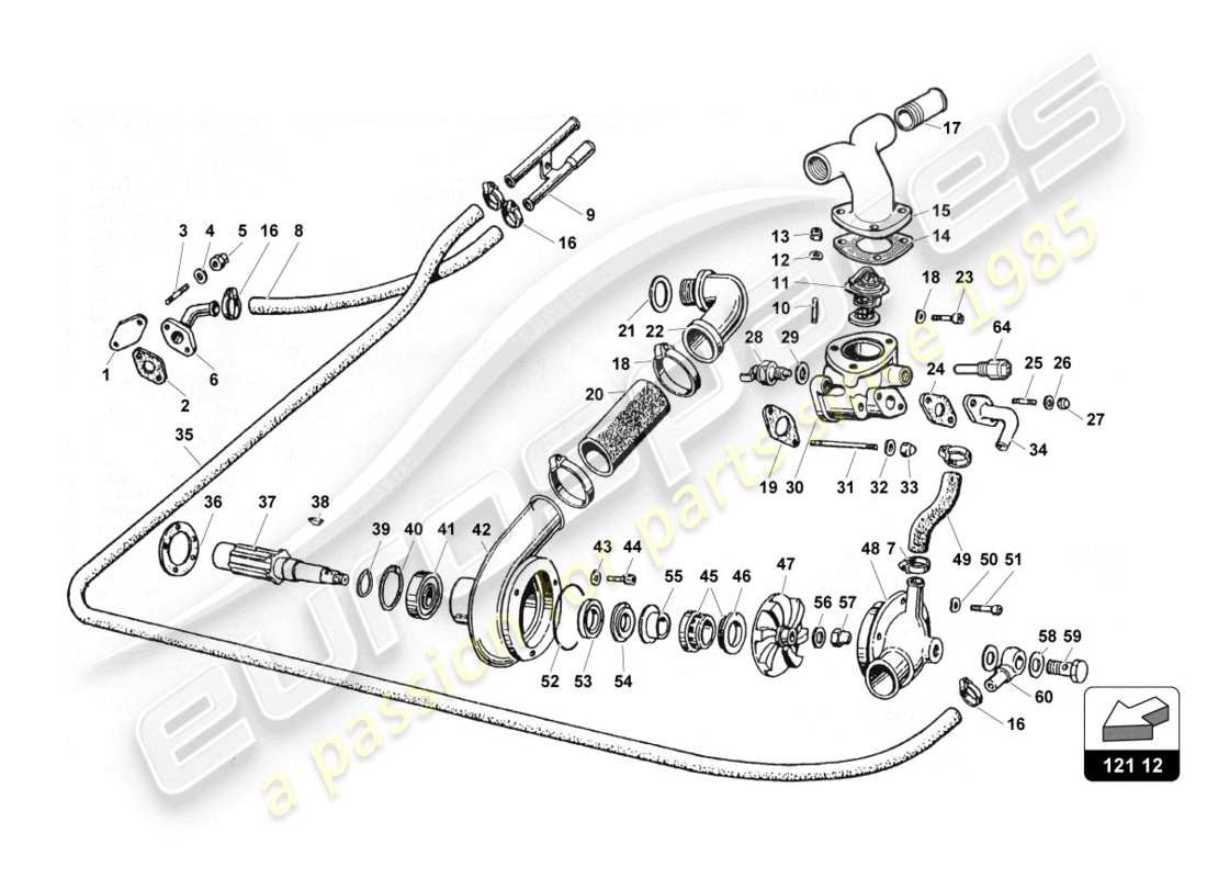 lamborghini countach 25th anniversary (1989) kühler und wasserkreislauf - teilediagramm