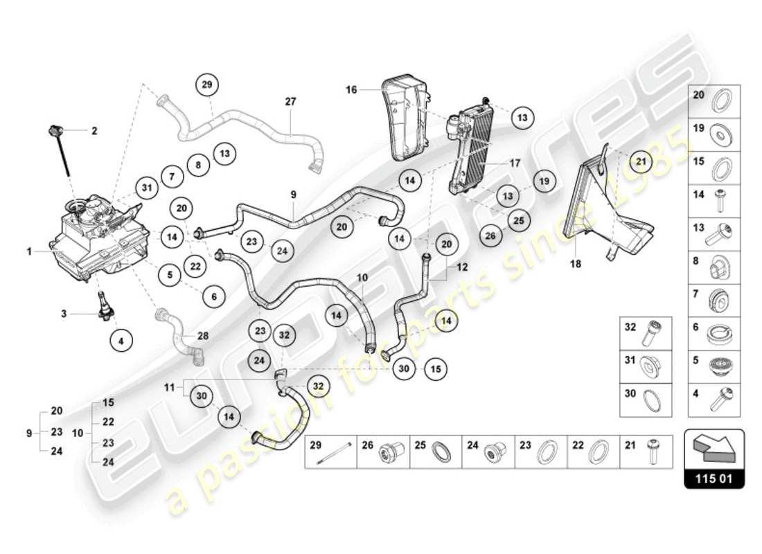 lamborghini evo spyder (2024) hydrauliksystem und flüssigkeitsbehälter mit anschlussstücken ersatzteildiagramm