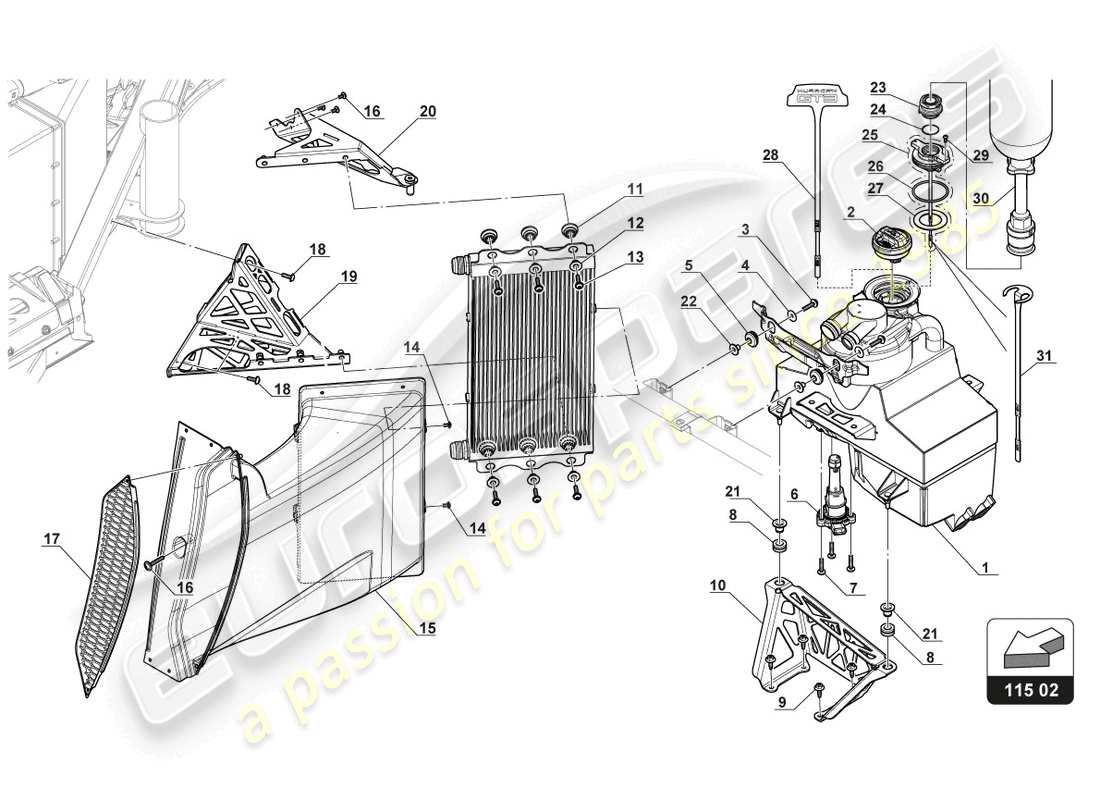 lamborghini gt3 evo (2018) öltank - ölkühlung ersatzteildiagramm