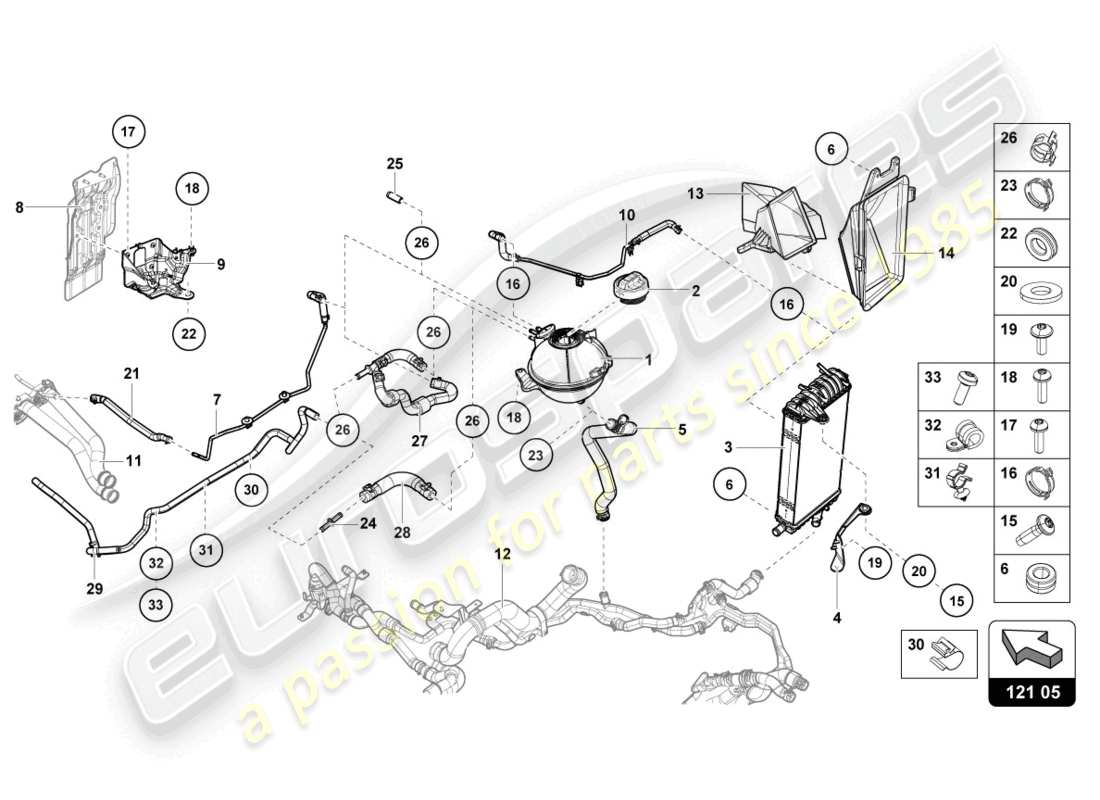 lamborghini evo coupe (2022) kühler für kühlmittel ersatzteildiagramm