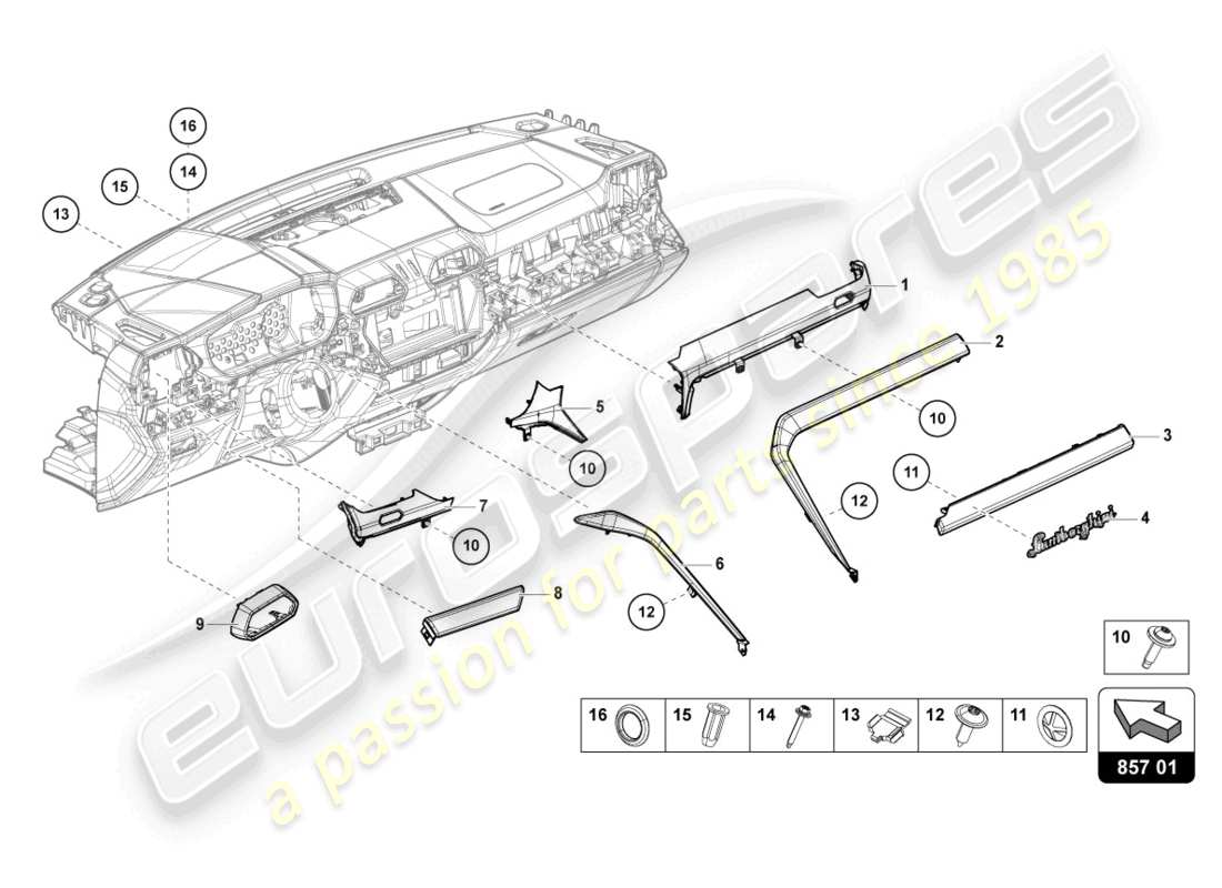 lamborghini urus (2019) verkleidung für das armaturenbrett teilediagramm