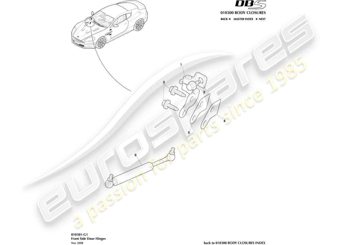 aston martin dbs (2014) teilediagramm für türscharniere