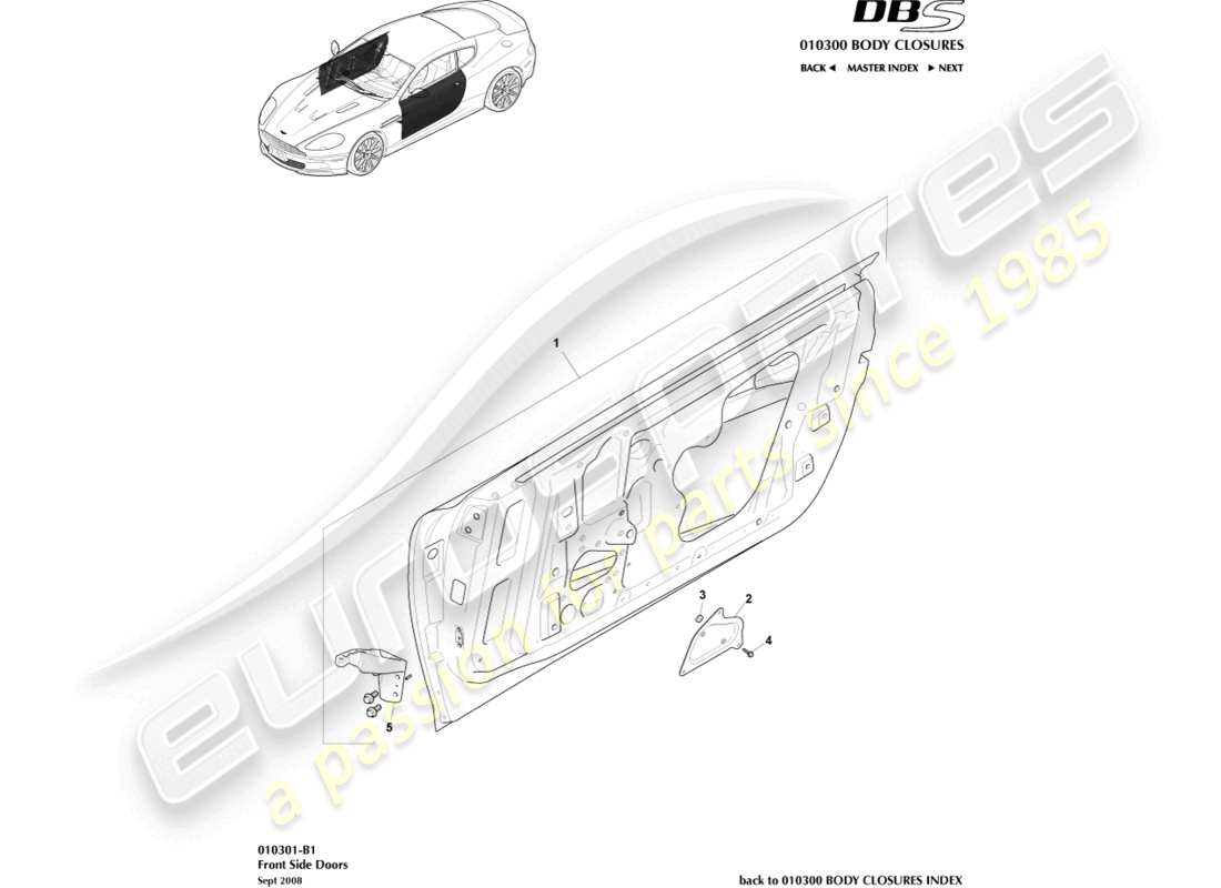 aston martin dbs (2008) teilediagramm für vordere seitentüren