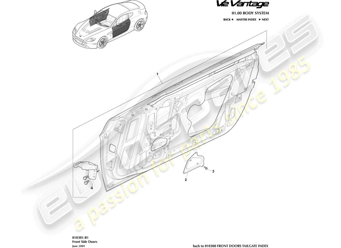aston martin v12 vantage (2010) teilediagramm für vordere seitentüren