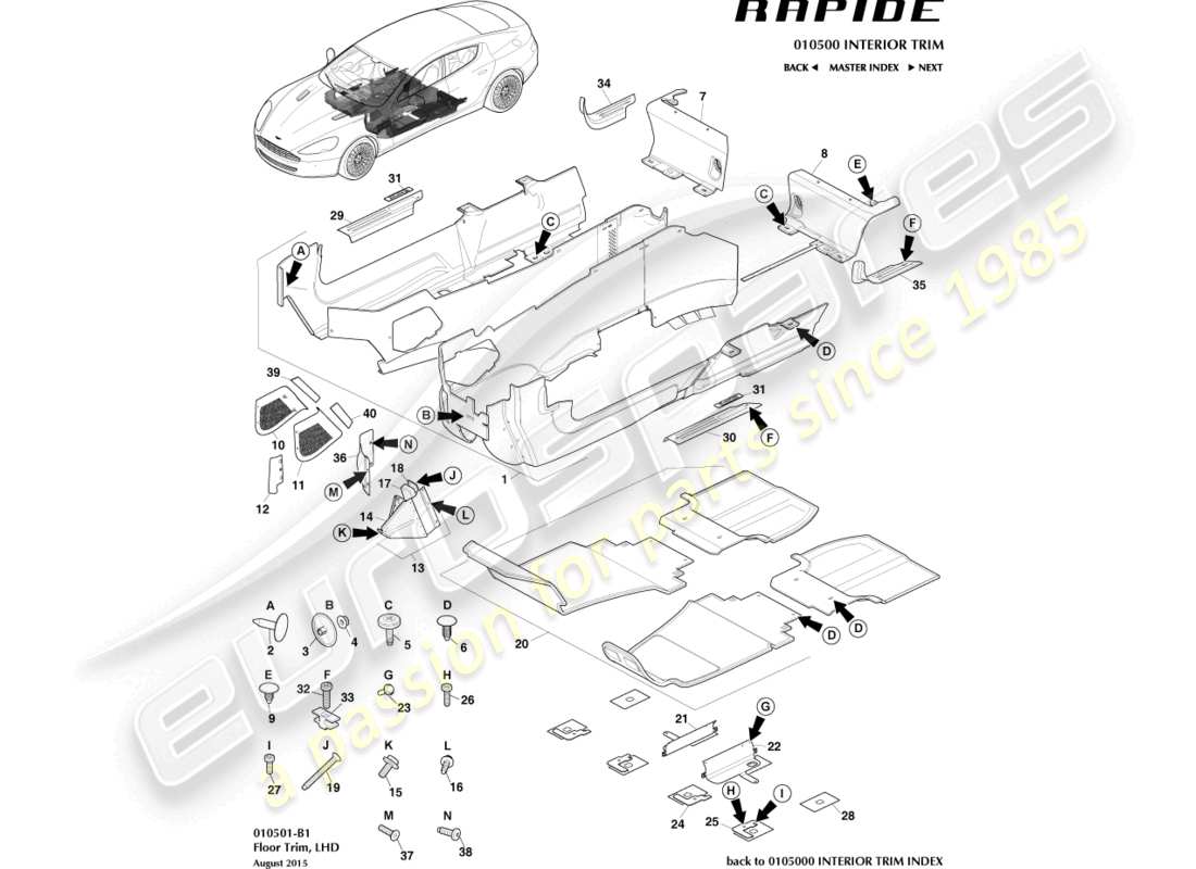 aston martin rapide (2011) hauptbodenverkleidung, lhd-ersatzteildiagramm