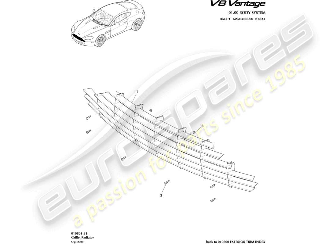 aston martin v8 vantage (2008) kühlergrill-teilediagramm