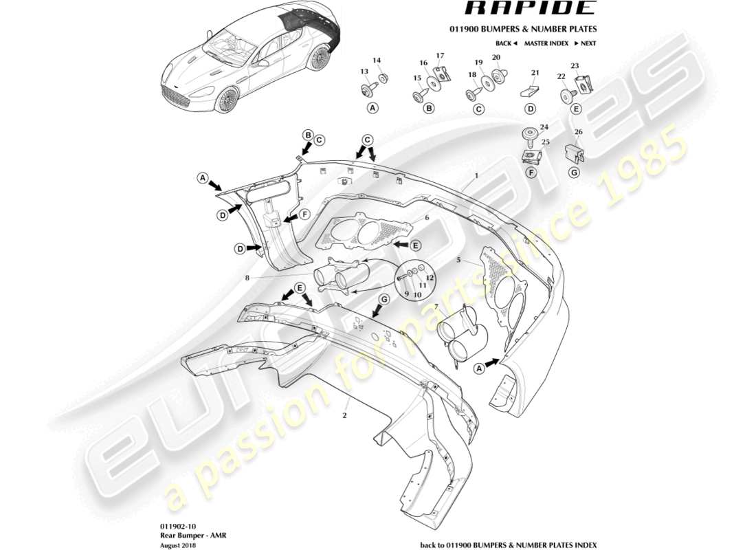 aston martin rapide (2016) heckstoßstange, amr-ersatzteildiagramm