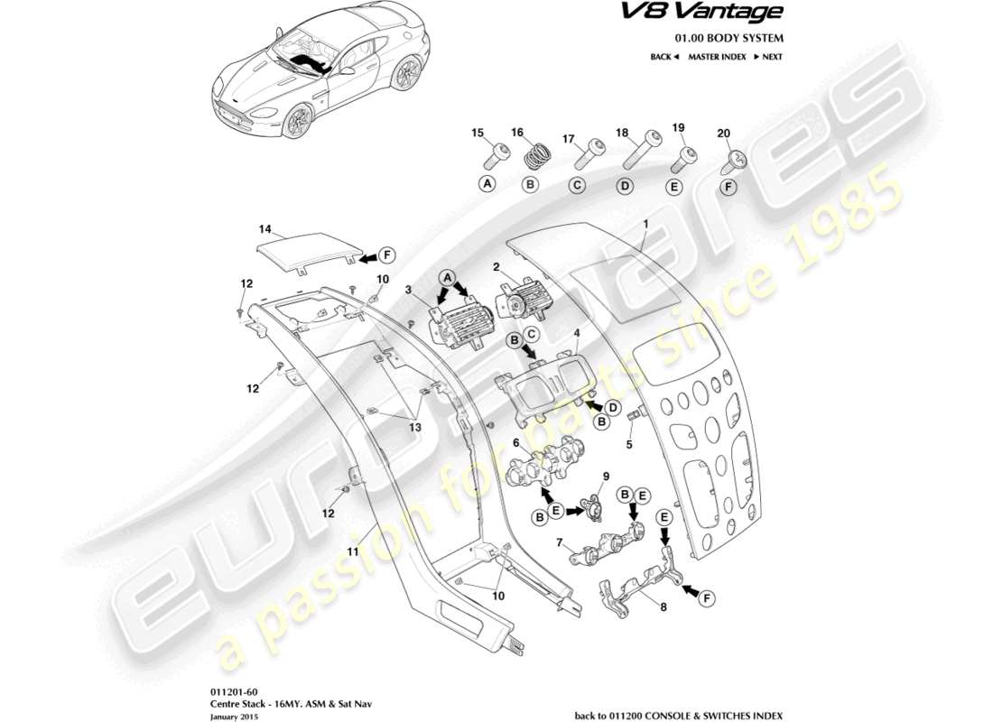 aston martin v8 vantage (2017) mittelkonsole, asm, 16my ersatzteildiagramm