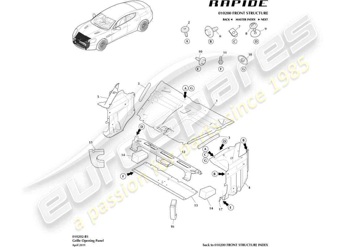 aston martin rapide (2018) teilediagramm für kühlergrillöffnungsplatte
