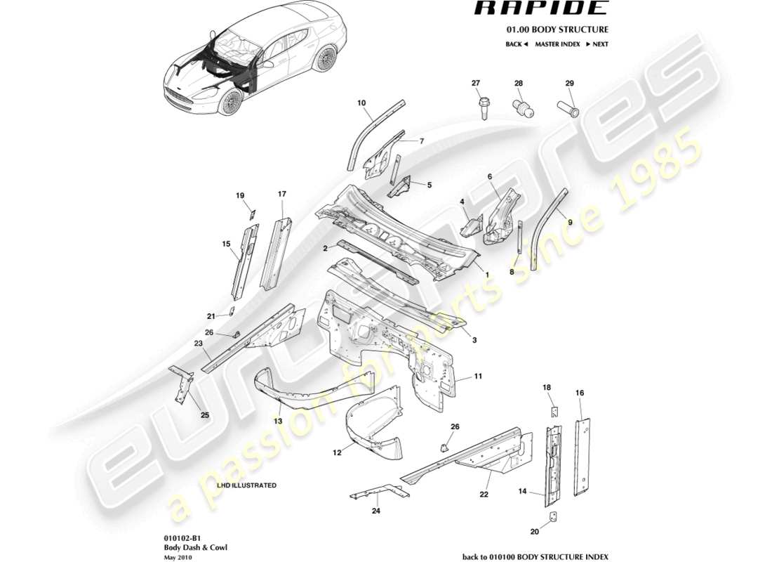 aston martin rapide (2019) teilediagramm für karosserie, armaturenbrett und motorhaube