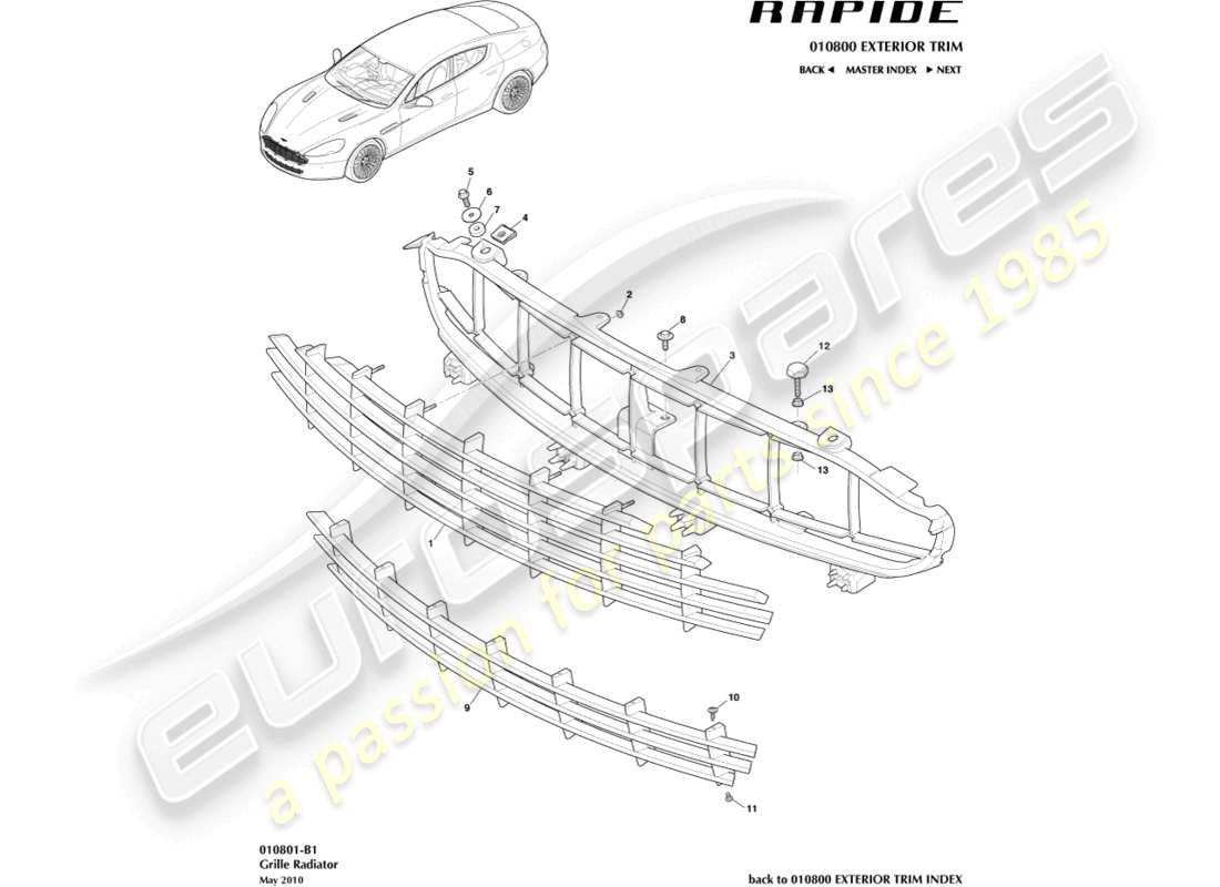 aston martin rapide (2010) kühlergrill-teilediagramm