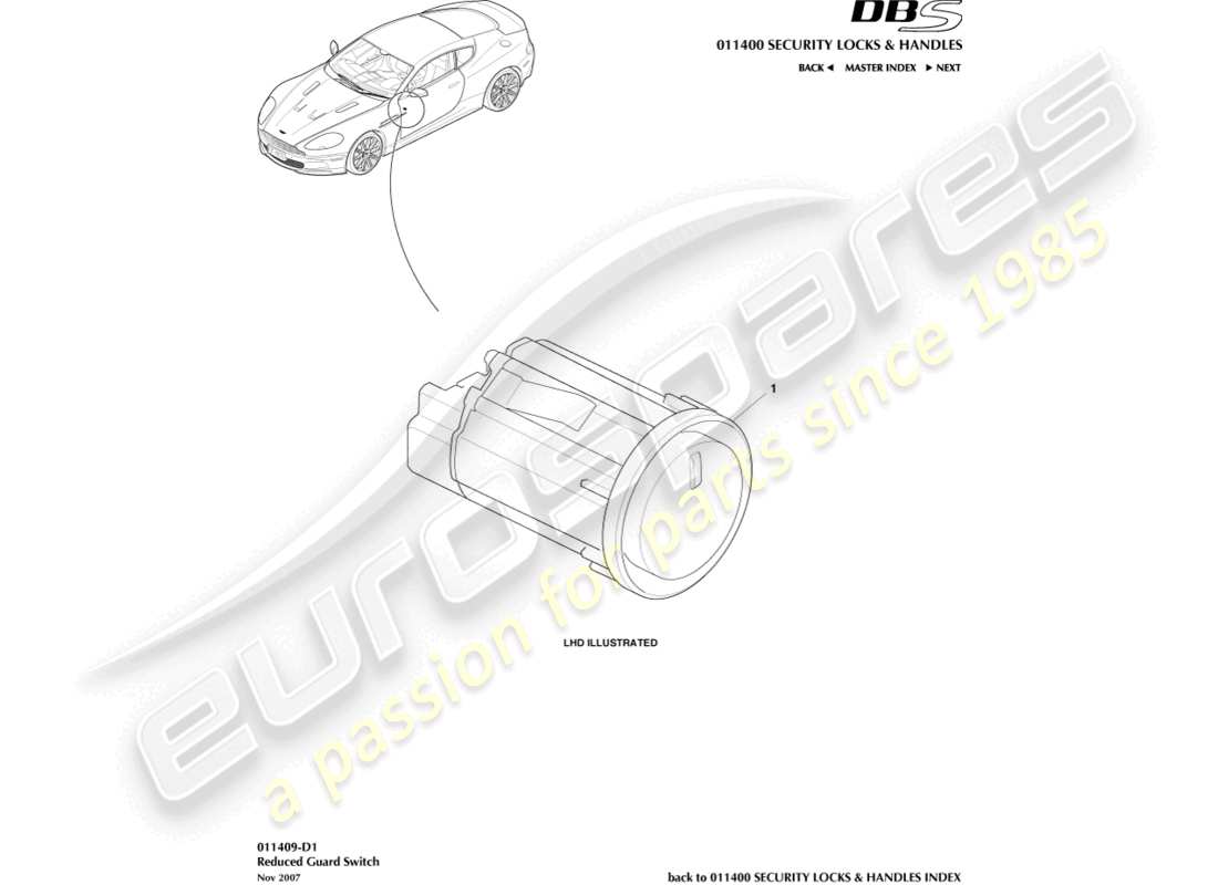 aston martin dbs (2011) teilediagramm für reduzierten schutzschalter