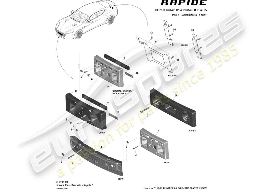 aston martin rapide (2011) nummernschildsockel, s-teilediagramm