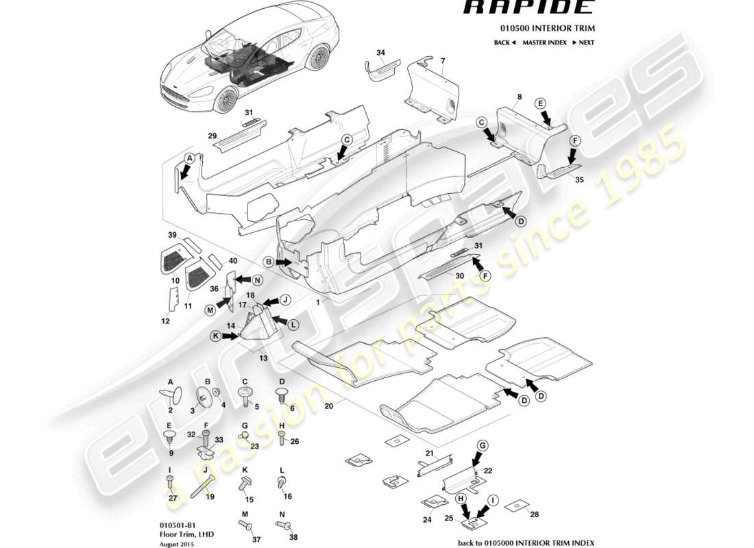aston martin rapide (2010) hauptbodenverkleidung, lhd-ersatzteildiagramm