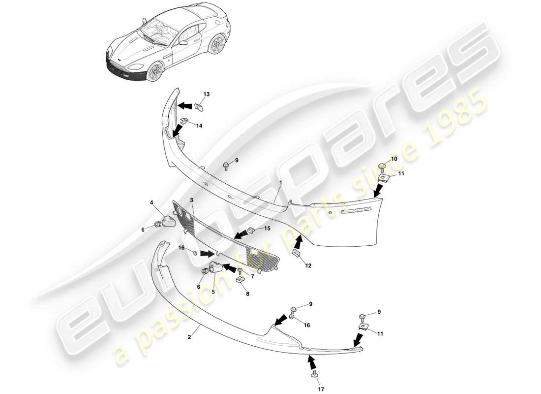 aston martin v8 vantage (2007) vordere stoßstange, 12.25my an & v8s ersatzteildiagramm