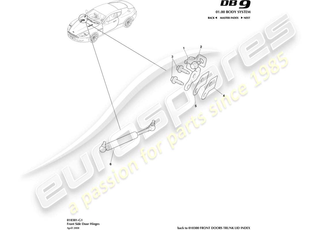 aston martin db9 (2004) teilediagramm für türscharniere
