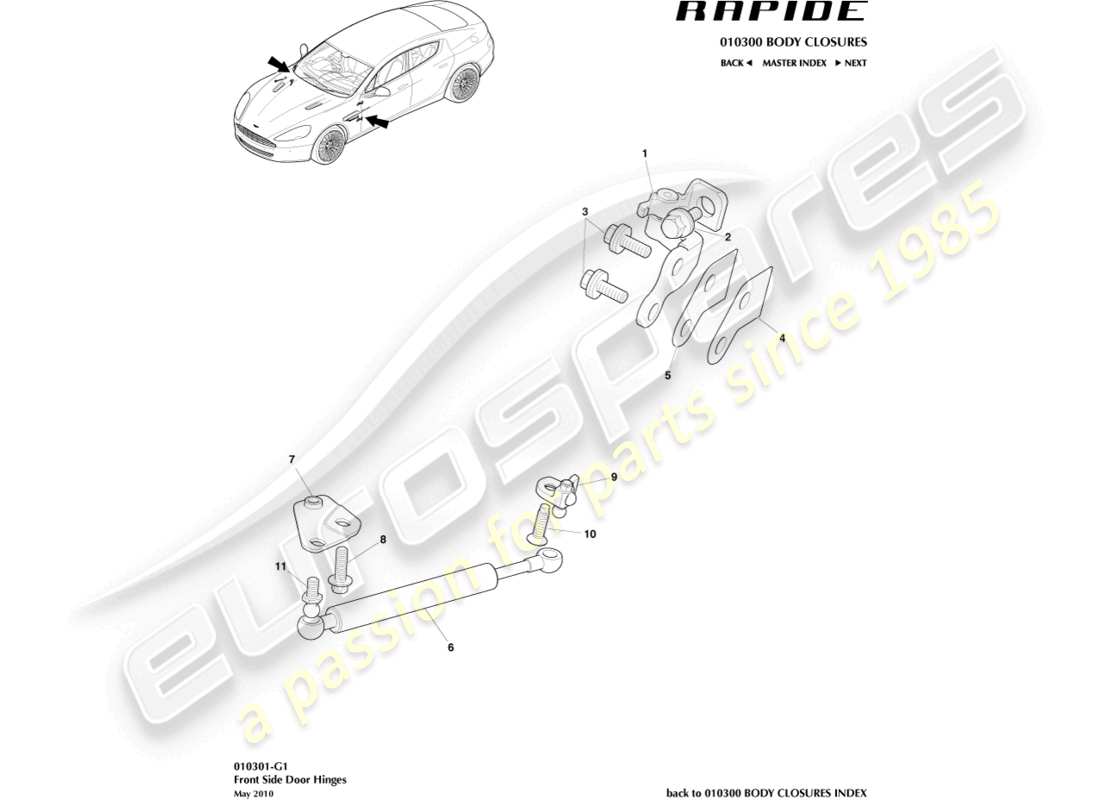 aston martin rapide (2010) teilediagramm der vordertürscharnierbaugruppe