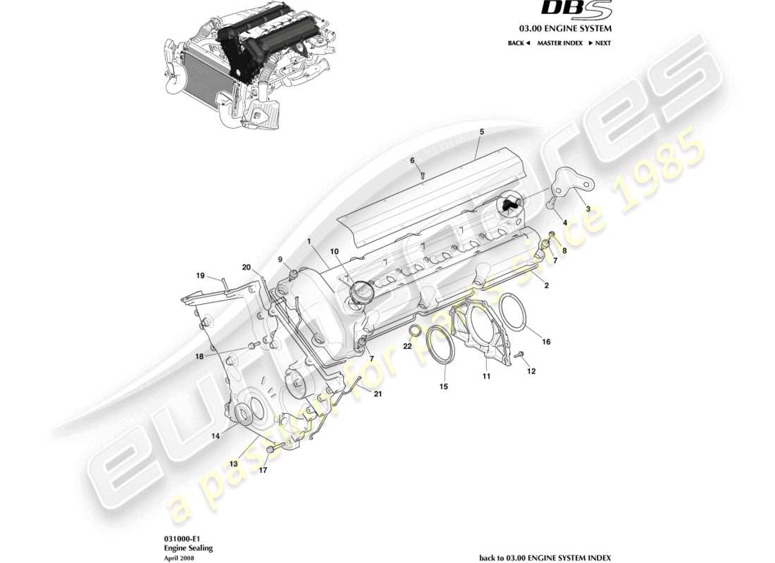 aston martin dbs (2010) teilediagramm für motordichtungen