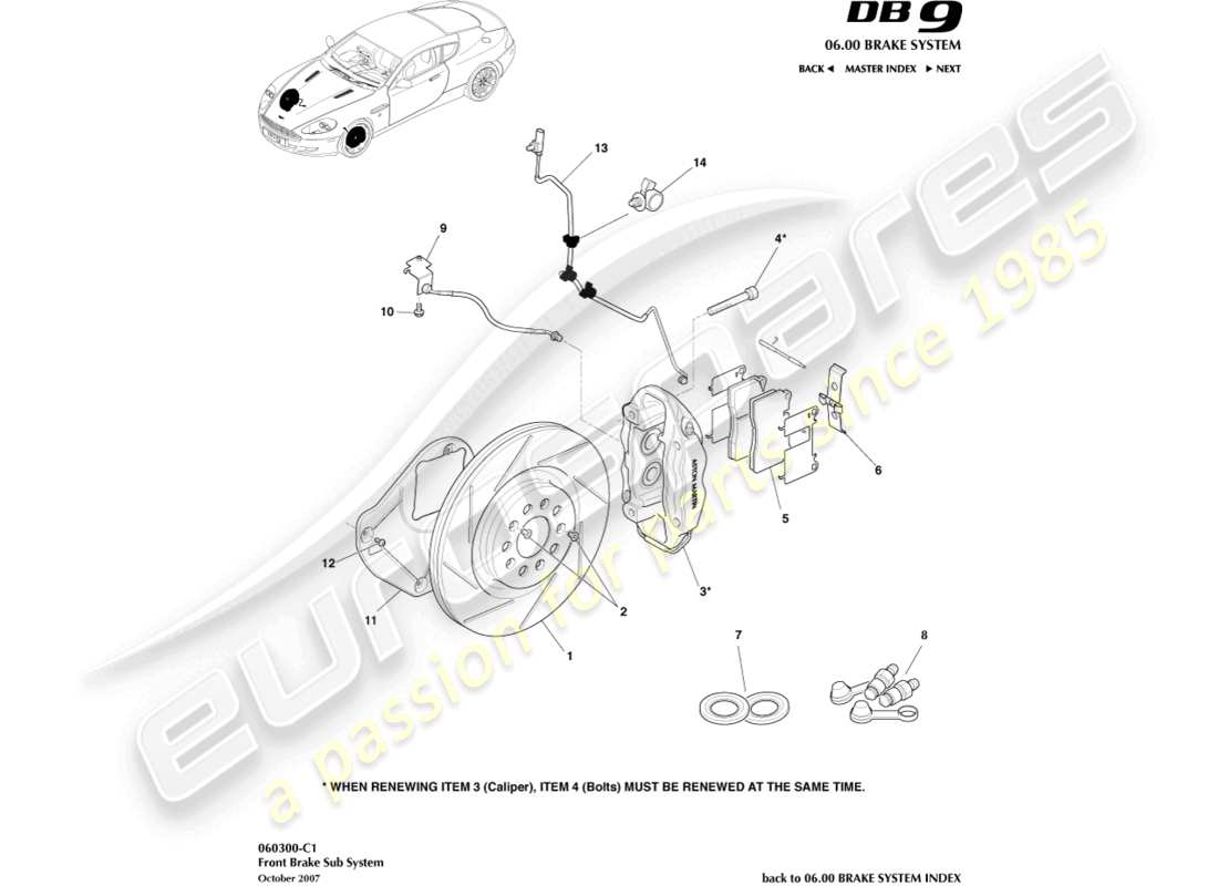 aston martin db9 (2012) teilediagramm des vorderradbremssystems