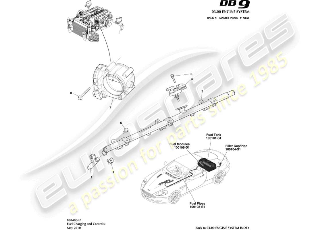 aston martin db9 (2012) teilediagramm für kraftstoffbefüllung und -steuerung