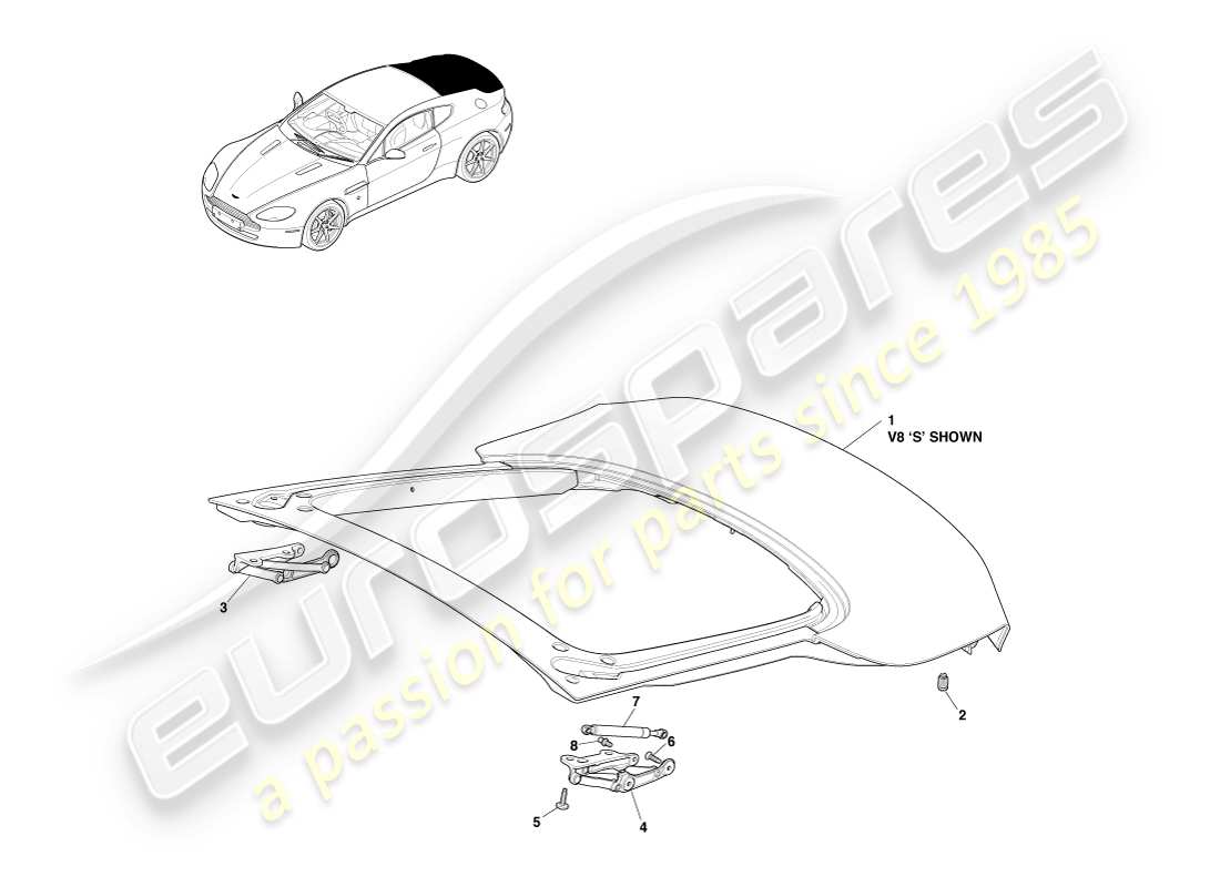 aston martin v8 vantage (2005) heckklappe, coupé-ersatzteildiagramm