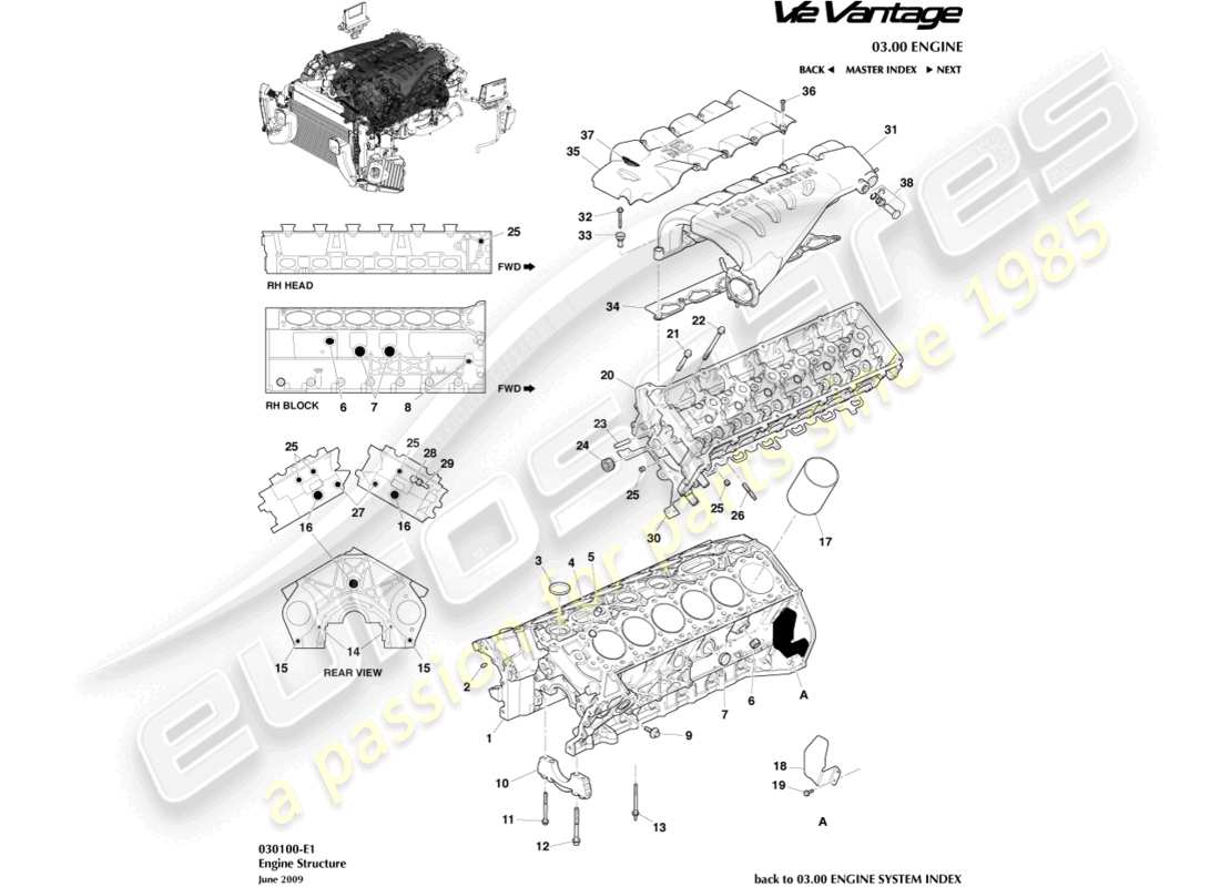 aston martin v12 vantage (2010) teilediagramm der motorstruktur