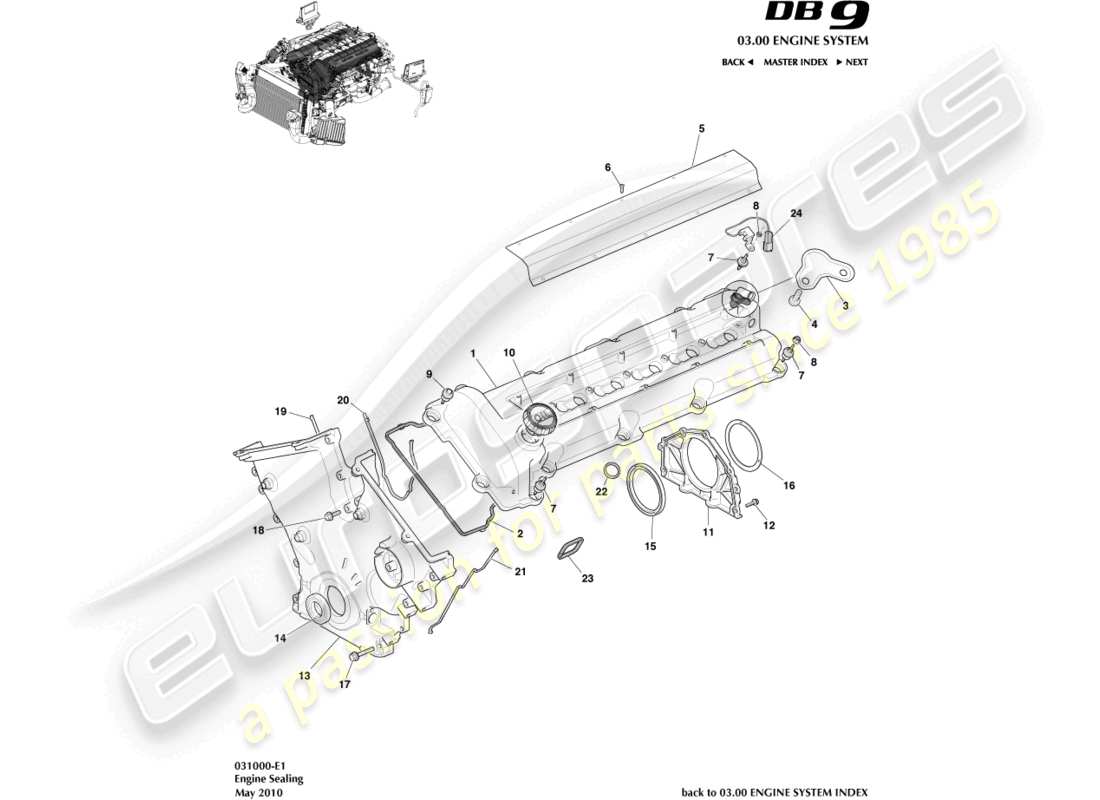 aston martin db9 (2005) teilediagramm für motordichtungen