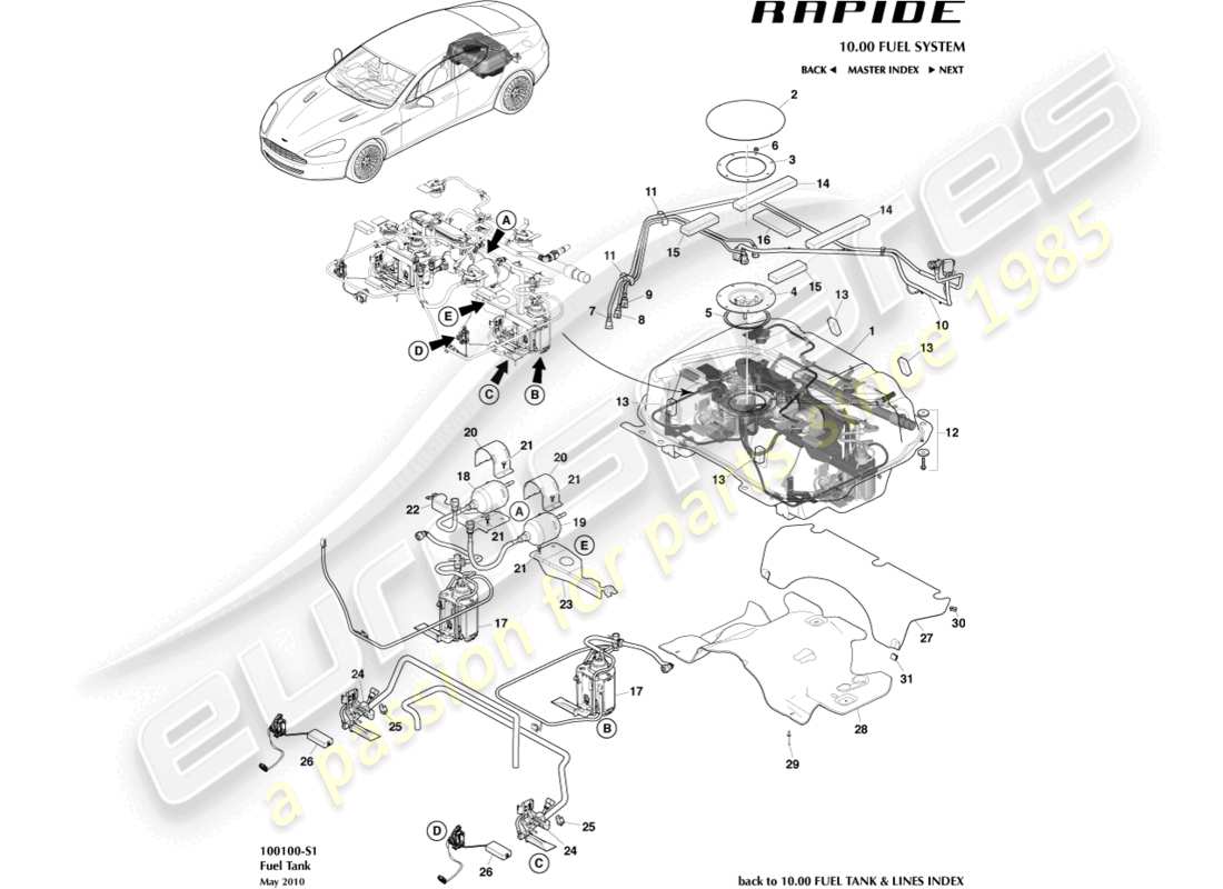 aston martin rapide (2018) teilediagramm der kraftstofftankbaugruppe