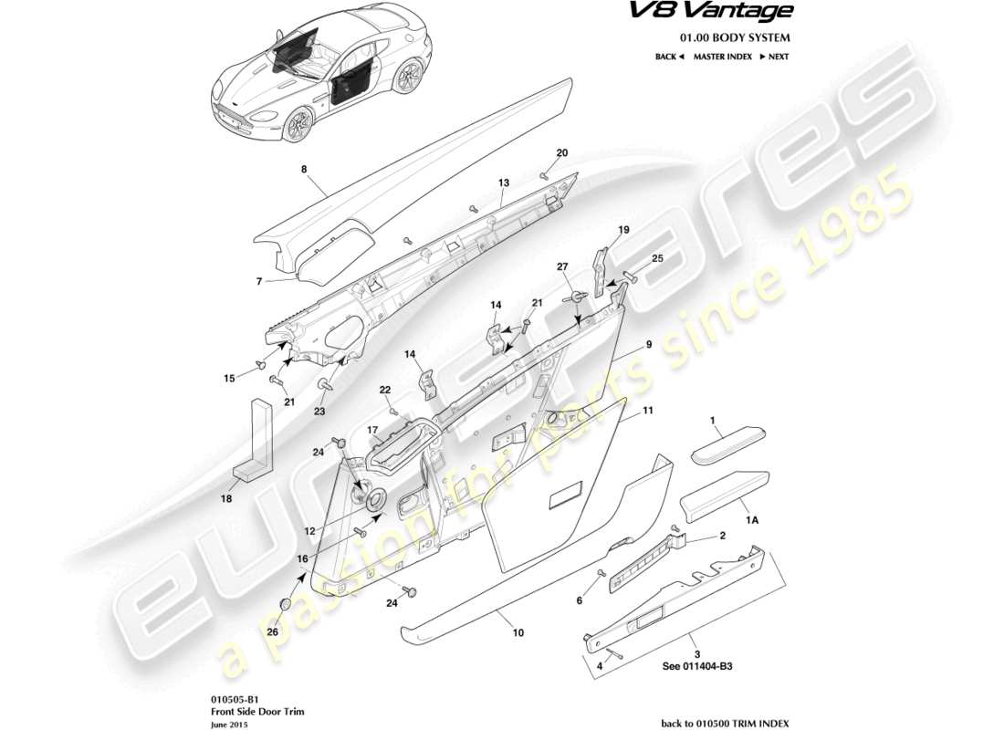 aston martin v8 vantage (2006) teilediagramm für türverkleidung