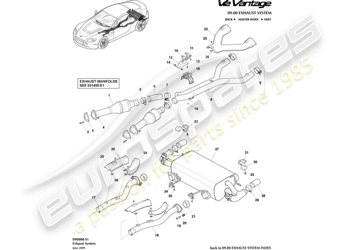 aston martin v12 vantage (2012) auspuffanlage teilediagramm