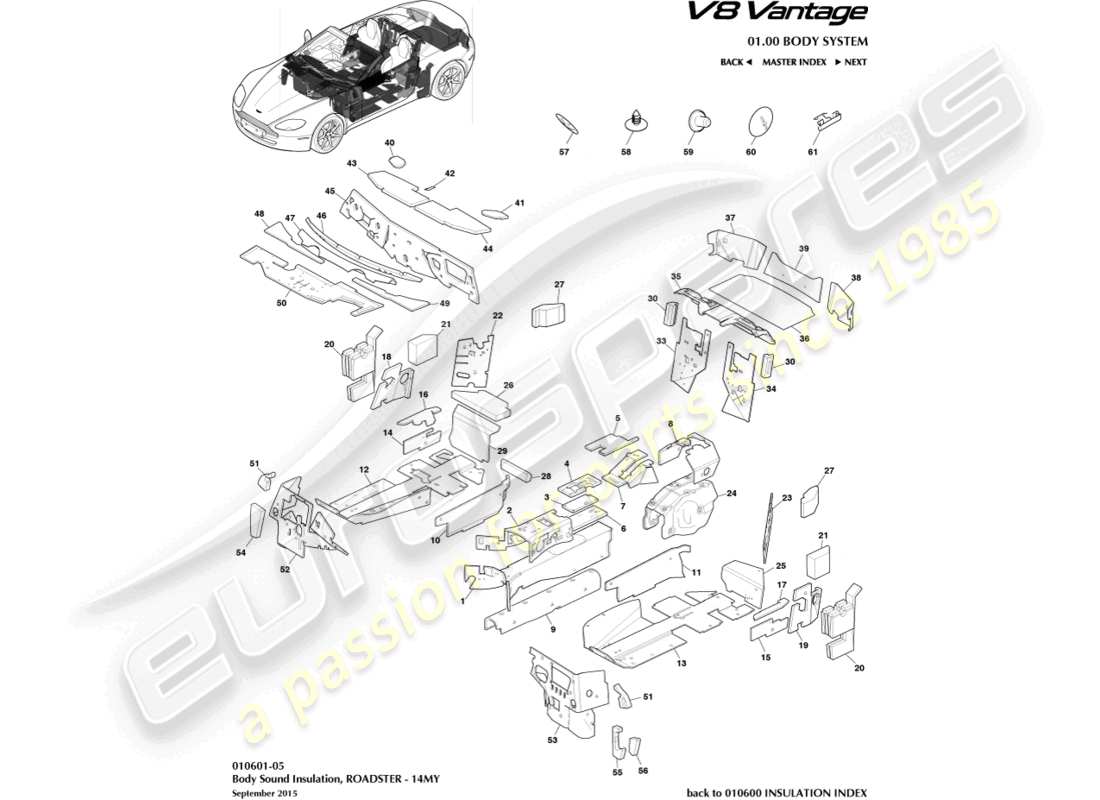 aston martin v8 vantage (2009) karosserieisolierung, roadster, 14my ersatzteildiagramm