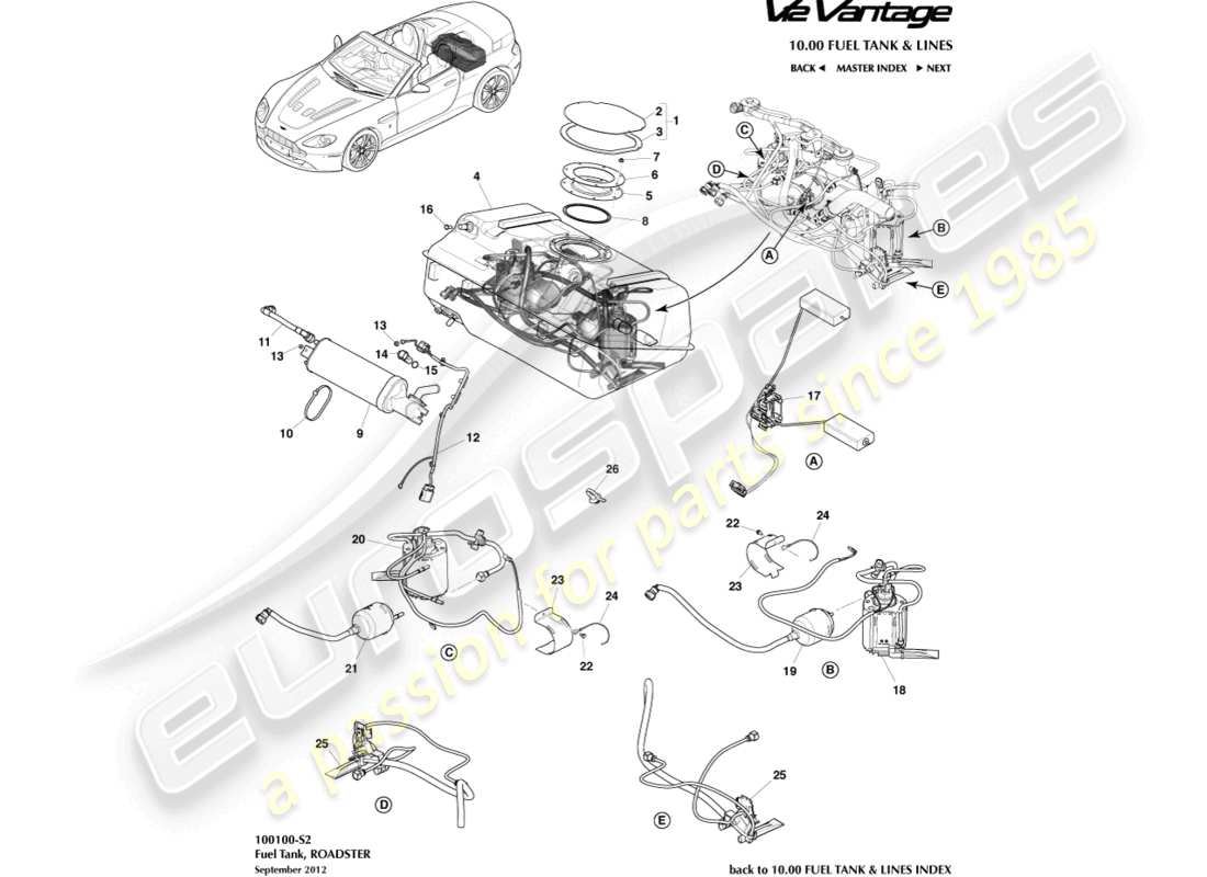 aston martin v12 vantage (2012) kraftstofftankbaugruppe, roadster-ersatzteildiagramm