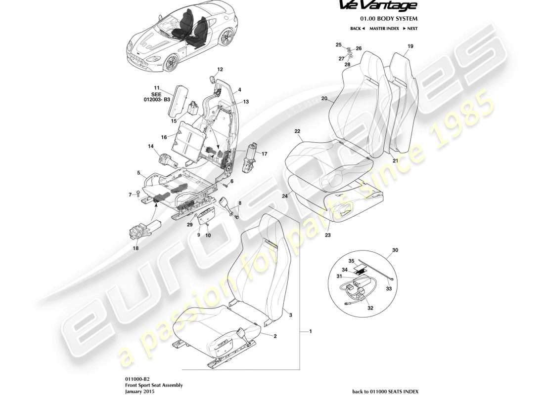 aston martin v12 vantage (2012) teilediagramm für vorderen sportsitz